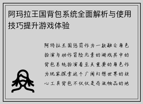 阿玛拉王国背包系统全面解析与使用技巧提升游戏体验